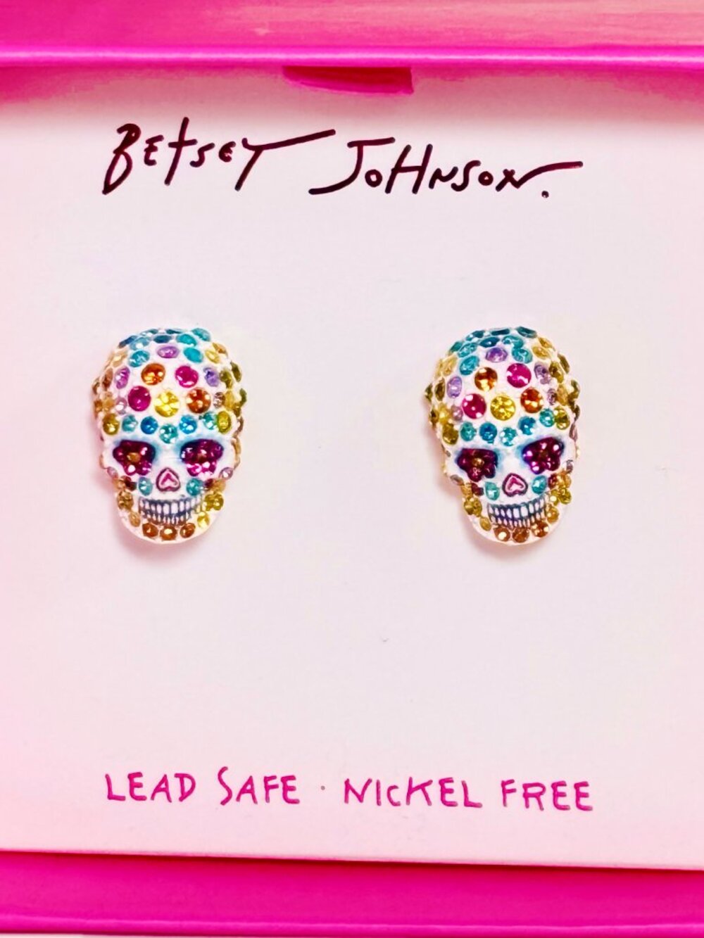 Betsey Johnson Sugar Skull Stud Earring Colorful Pave Crystal Dia De Los Muertos